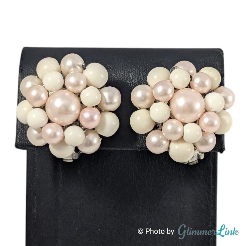 Vintage Japan Faux Pearl & Bead Cluster Silver Tone Clip On Earrings